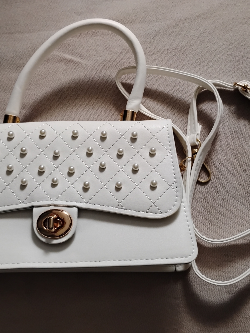 Quilted Pearl Accent White Top-Handle Crossbody Bag